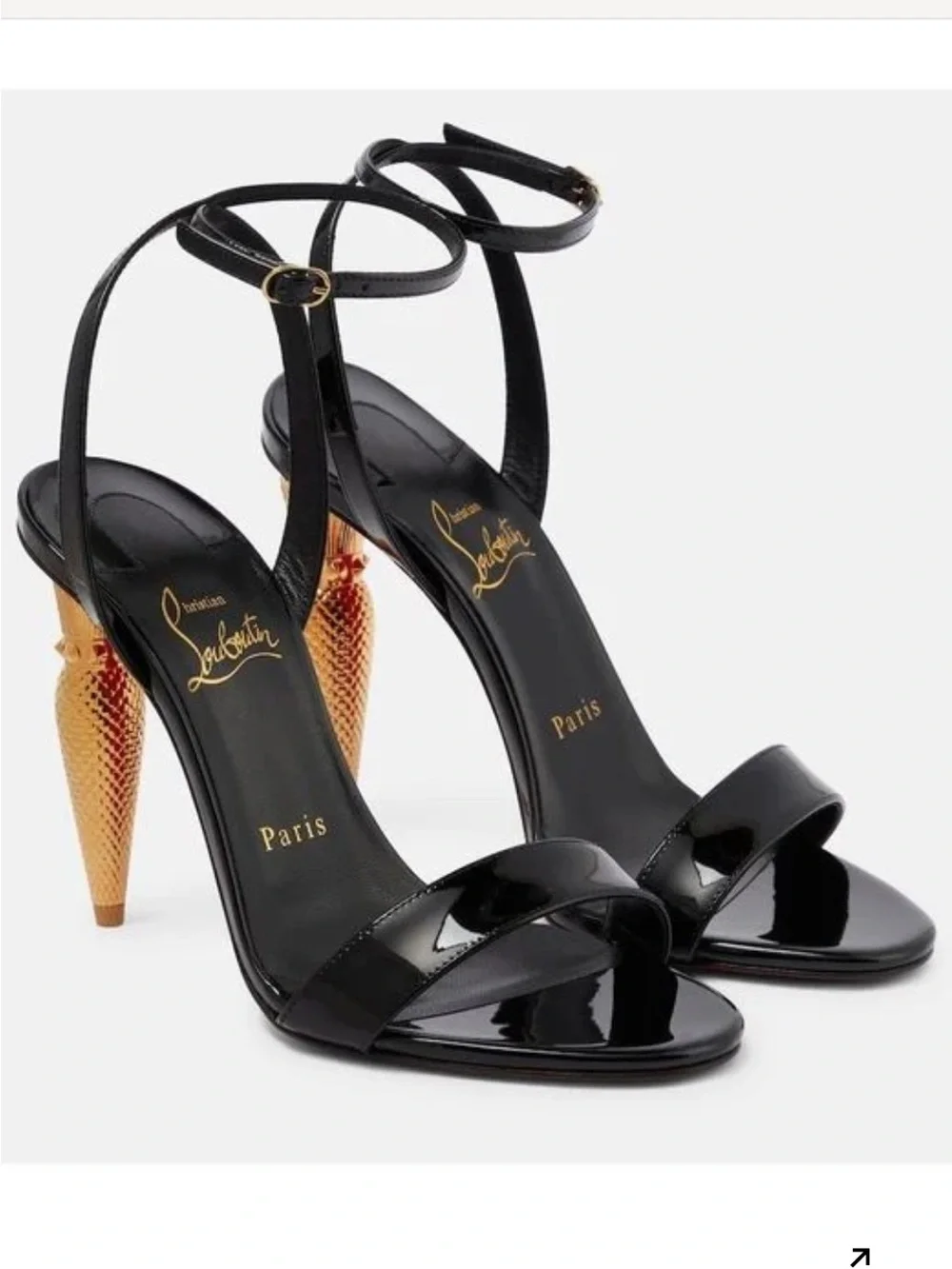 Christian Louboutin Black Satin Slingback Sandals with Gold Crystal Cone Heel